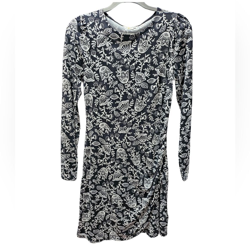 Boden Black White Floral Long Sleeve Mini Dress Gathered Waist Women's Size 4